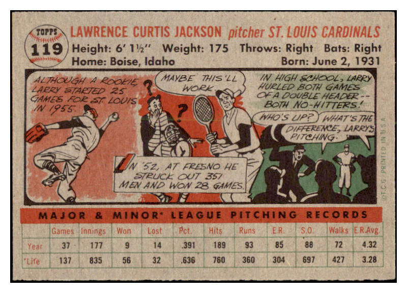 1956 Topps Baseball #119 Larry Jackson Cardinals EX-MT Gray 528400
