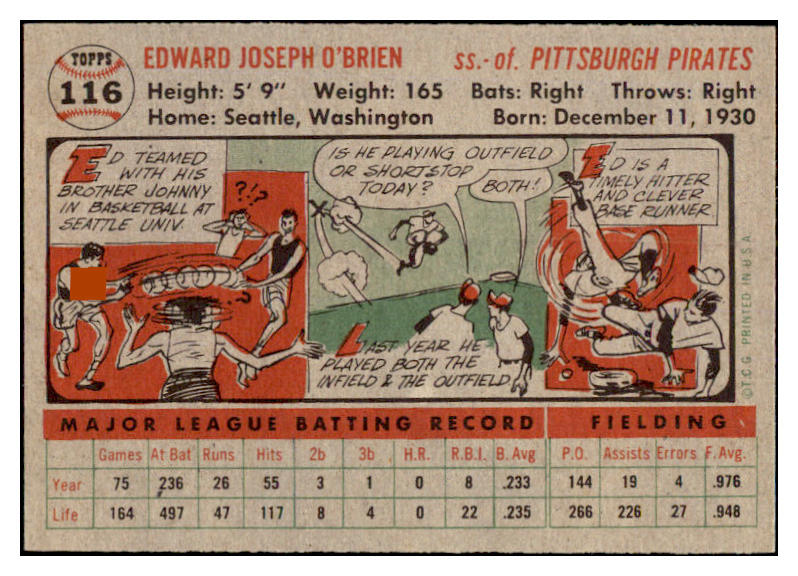 1956 Topps Baseball #116 Eddie O'Brien Pirates EX-MT Gray 528402