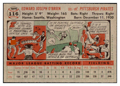 1956 Topps Baseball #116 Eddie O'Brien Pirates EX-MT Gray 528402