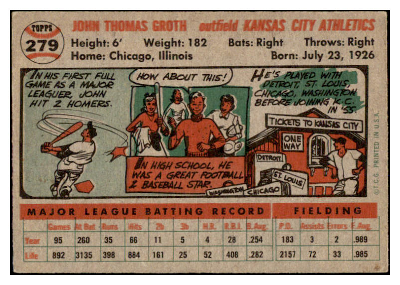 1956 Topps Baseball #279 Johnny Groth A's EX-MT 528417