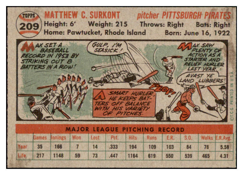 1956 Topps Baseball #209 Max Surkont Pirates EX-MT 528431