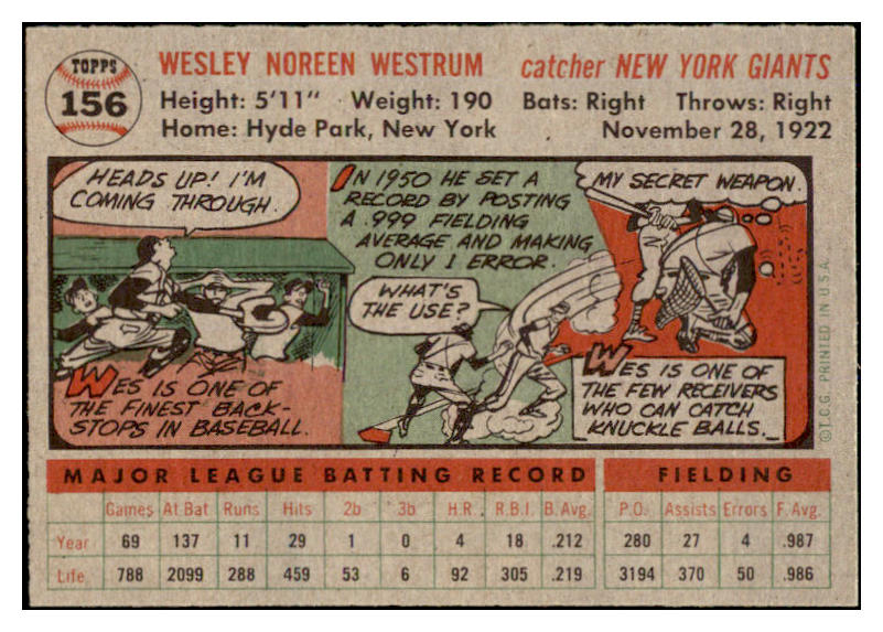1956 Topps Baseball #156 Wes Westrum Giants EX-MT Gray 528452