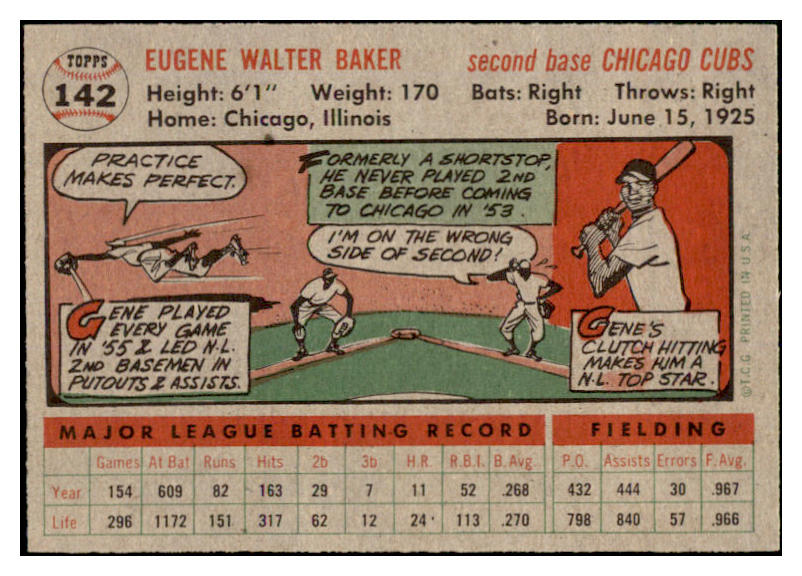 1956 Topps Baseball #142 Gene Baker Cubs EX-MT Gray 528459