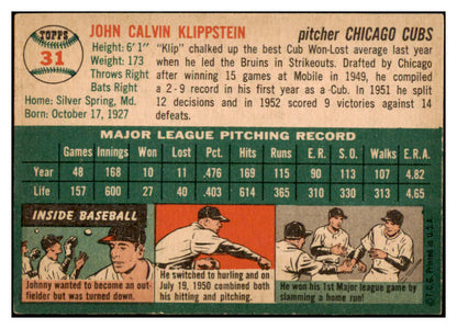 1954 Topps Baseball #031 Johnny Klippstein Cubs EX-MT 528470