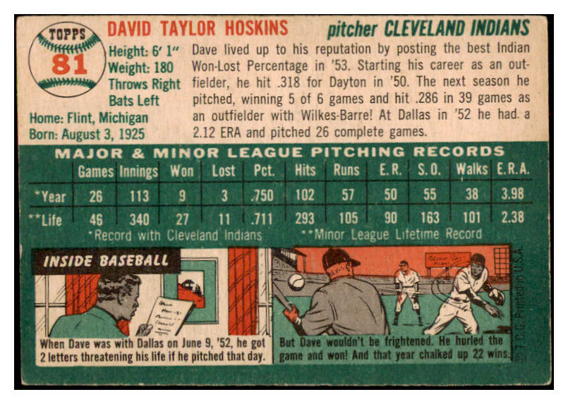 1954 Topps Baseball #081 Dave Hoskins Indians EX 528486