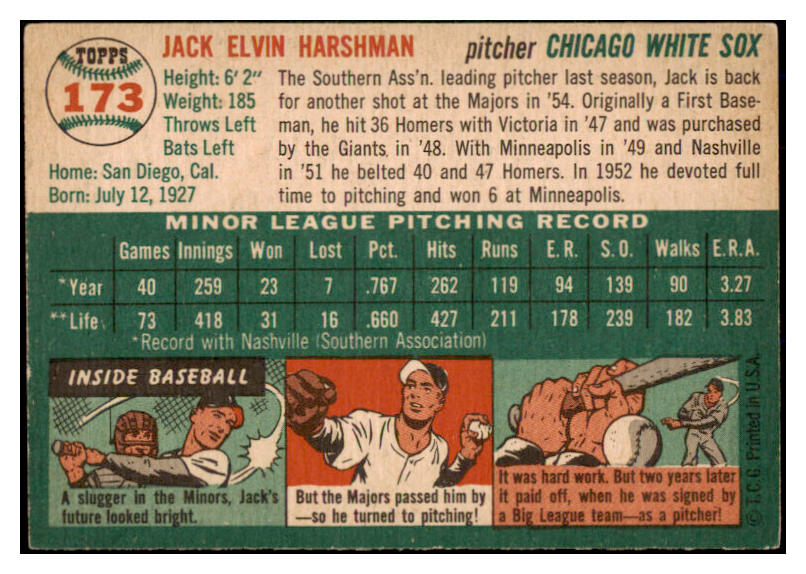 1954 Topps Baseball #173 Jack Harshman White Sox EX 528509