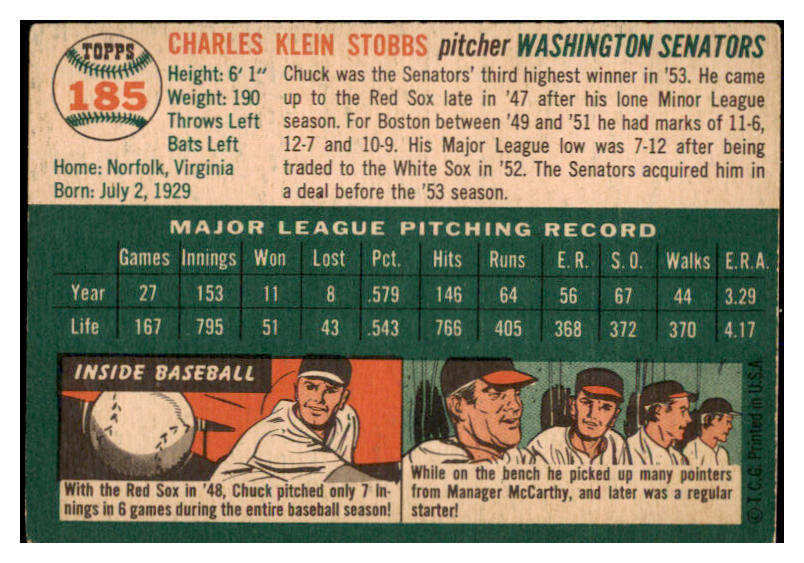 1954 Topps Baseball #185 Chuck Stobbs Senators EX 528512