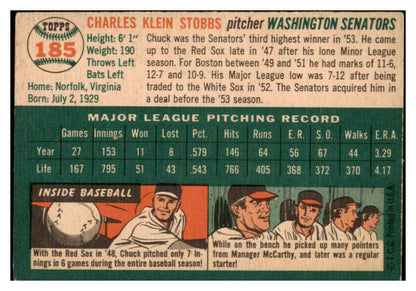 1954 Topps Baseball #185 Chuck Stobbs Senators EX 528512