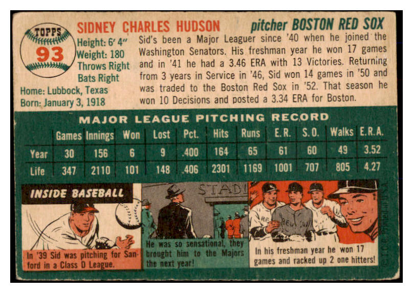 1954 Topps Baseball #093 Sid Hudson Red Sox VG-EX 528534