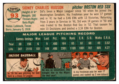 1954 Topps Baseball #093 Sid Hudson Red Sox VG-EX 528534
