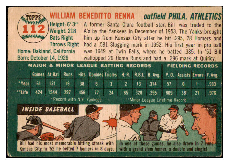 1954 Topps Baseball #112 Bill Renna A's VG-EX 528541