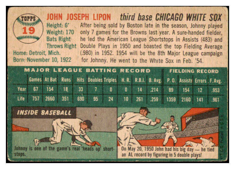 1954 Topps Baseball #019 Johnny Lipon White Sox VG-EX 528556