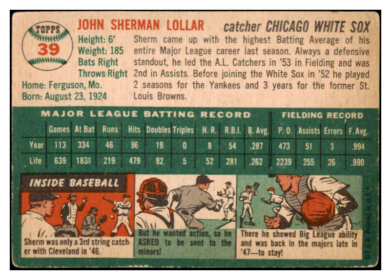 1954 Topps Baseball #039 Sherm Lollar White Sox VG-EX 528558