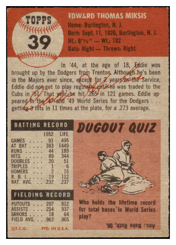 1953 Topps Baseball #039 Eddie Miksis Cubs EX-MT 528600