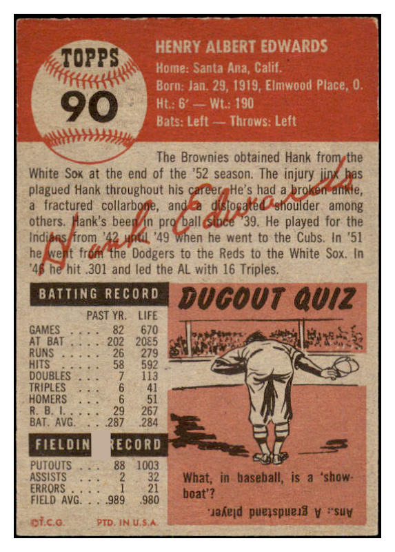 1953 Topps Baseball #090 Hank Edwards Browns EX-MT 528604