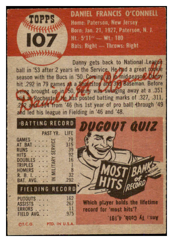 1953 Topps Baseball #107 Danny O'Connell Pirates EX-MT 528607