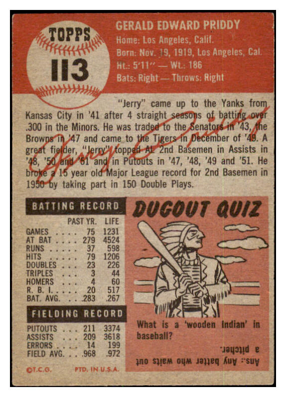 1953 Topps Baseball #113 Jerry Priddy Tigers EX-MT 528609