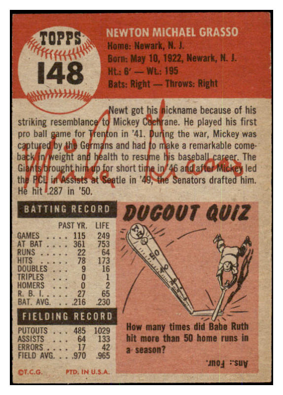 1953 Topps Baseball #148 Mickey Grasso Senators EX-MT 528616