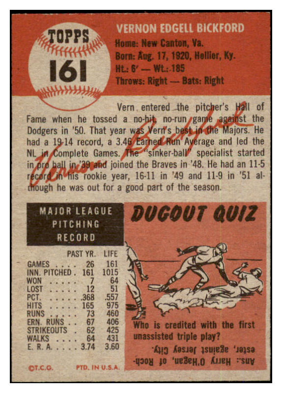 1953 Topps Baseball #161 Vern Bickford Braves EX-MT 528619