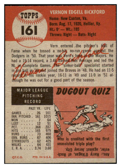 1953 Topps Baseball #161 Vern Bickford Braves EX-MT 528619