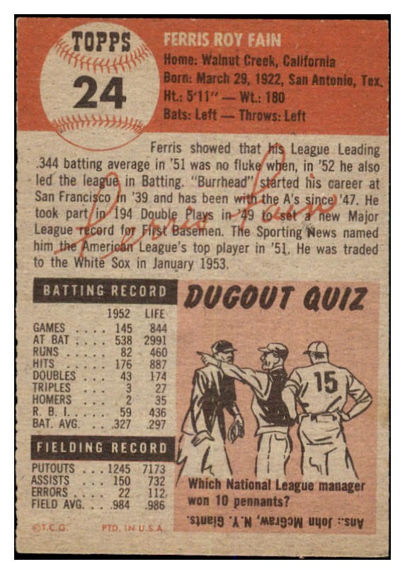 1953 Topps Baseball #024 Ferris Fain A's EX 528627