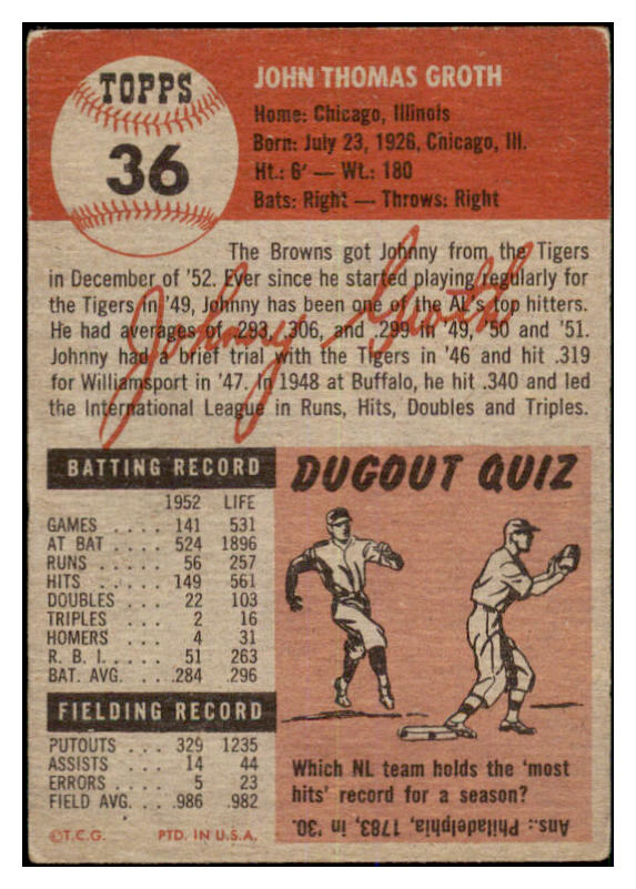 1953 Topps Baseball #036 Johnny Groth Browns EX 528629