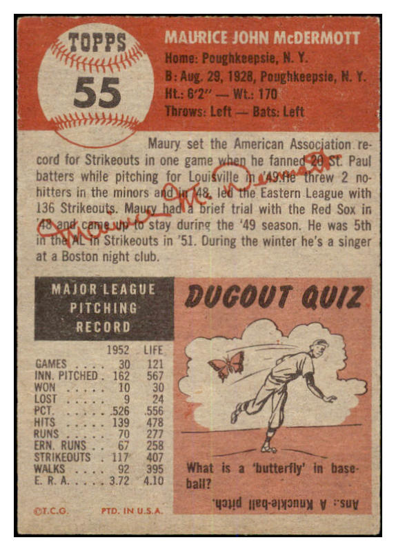 1953 Topps Baseball #055 Maury McDermott Red Sox EX 528633