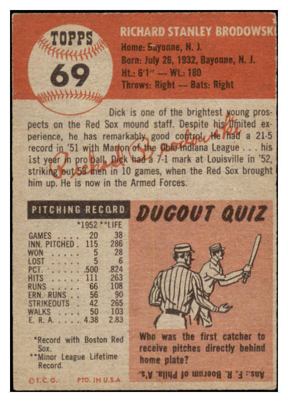 1953 Topps Baseball #069 Dick Brodowski Red Sox EX 528635