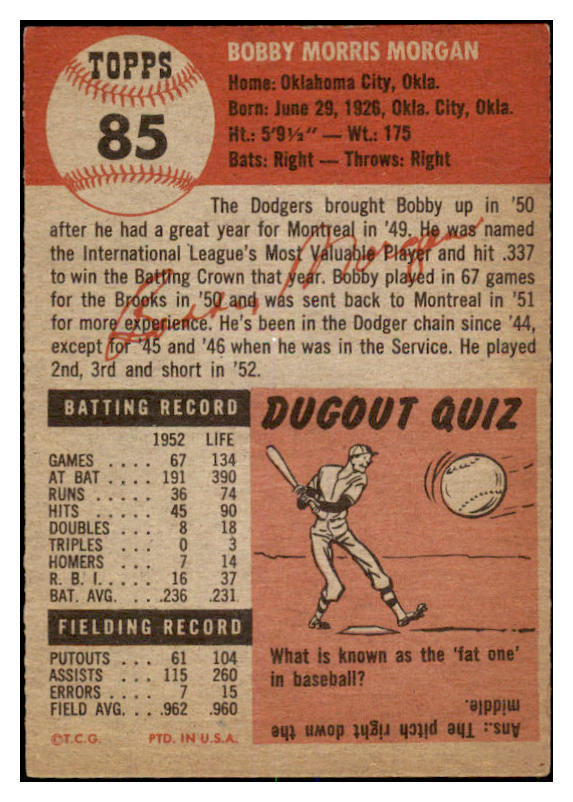 1953 Topps Baseball #085 Bobby Morgan Dodgers EX 528637