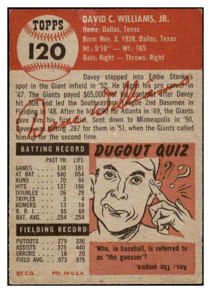 1953 Topps Baseball #120 Davey Williams Giants EX 528643