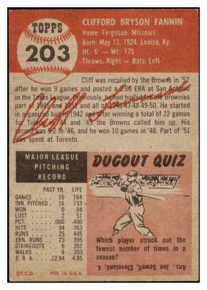 1953 Topps Baseball #203 Cliff Fannin Browns EX 528650