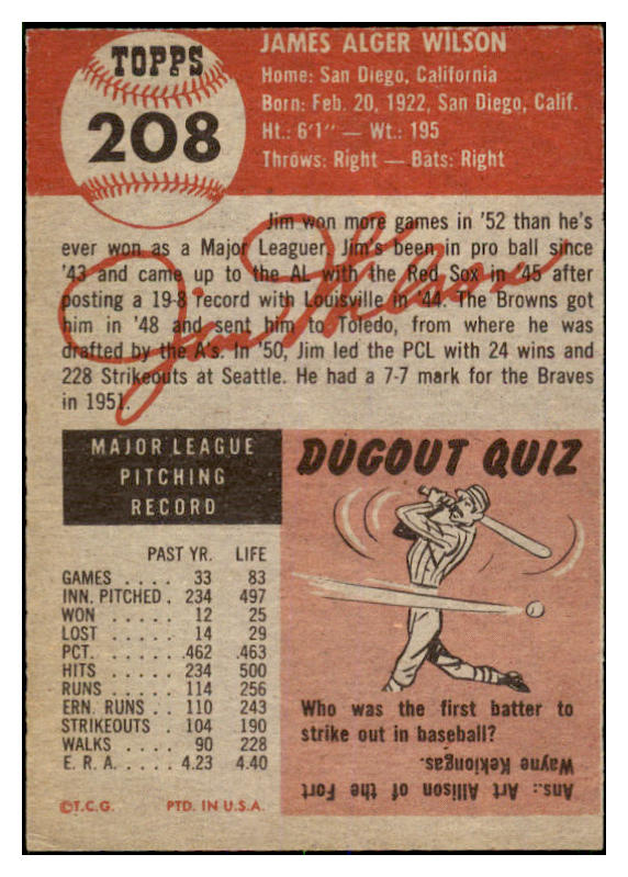 1953 Topps Baseball #208 Jim Wilson Braves EX 528652