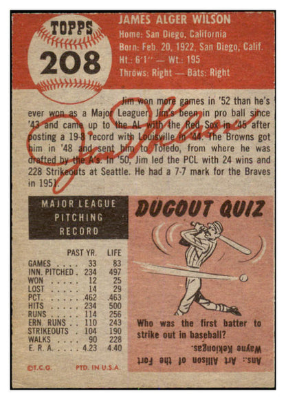 1953 Topps Baseball #208 Jim Wilson Braves EX 528652