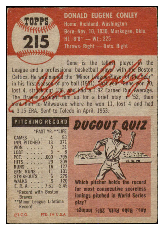 1953 Topps Baseball #215 Gene Conley Braves EX 528653