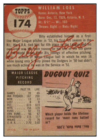 1953 Topps Baseball #174 Billy Loes Dodgers VG-EX 528668