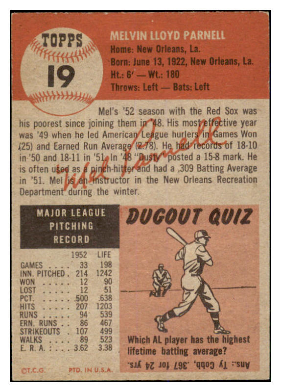 1953 Topps Baseball #019 Mel Parnell Red Sox EX-MT 528672