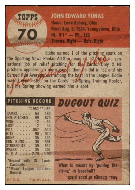 1953 Topps Baseball #070 Ed Yuhas Cardinals EX-MT 528677