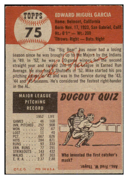 1953 Topps Baseball #075 Mike Garcia Indians EX-MT 528679