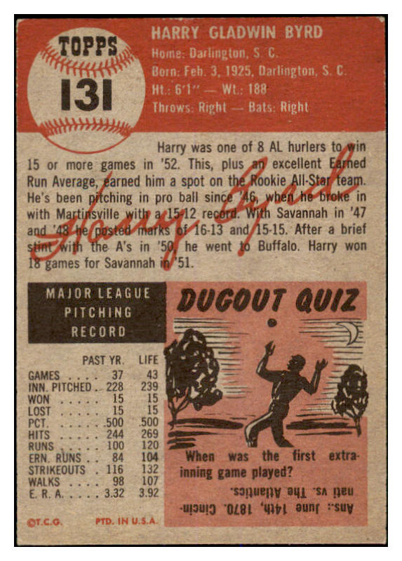 1953 Topps Baseball #131 Harry Byrd A's EX-MT 528684