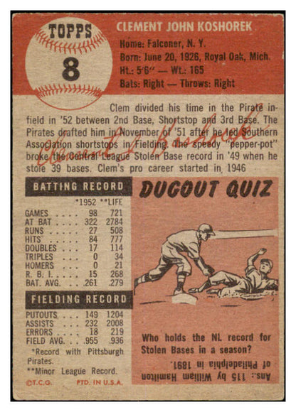 1953 Topps Baseball #008 Clem Koshorek Pirates EX 528699