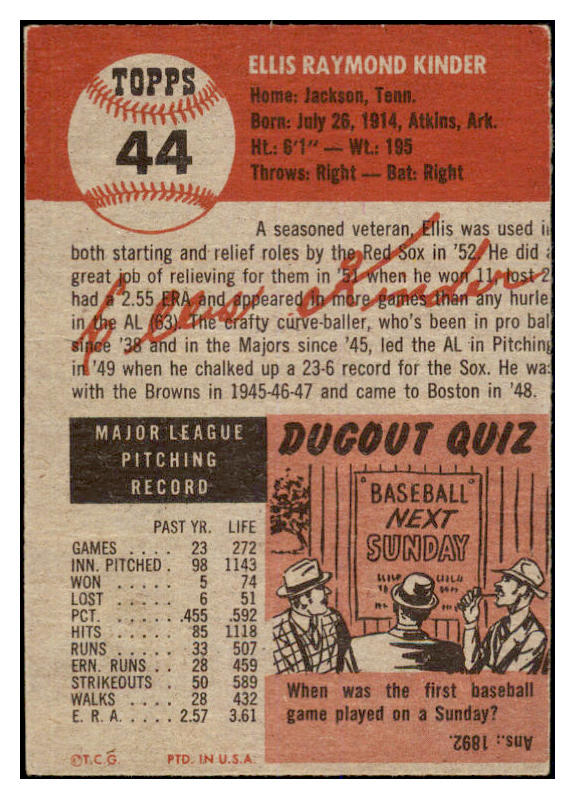 1953 Topps Baseball #044 Ellis Kinder Red Sox EX 528705