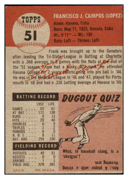 1953 Topps Baseball #051 Frank Campos Senators EX 528707