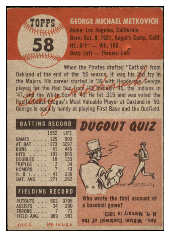 1953 Topps Baseball #058 George Metkovich Pirates EX 528710