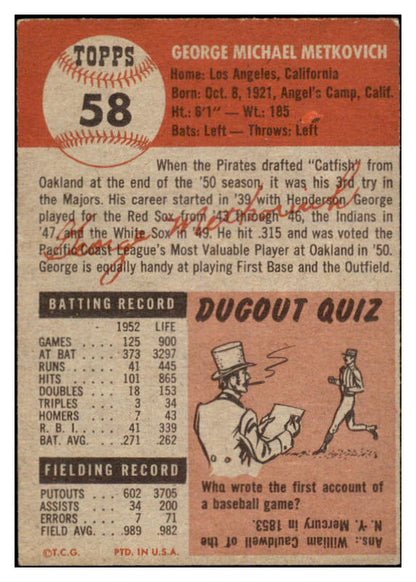 1953 Topps Baseball #058 George Metkovich Pirates EX 528710