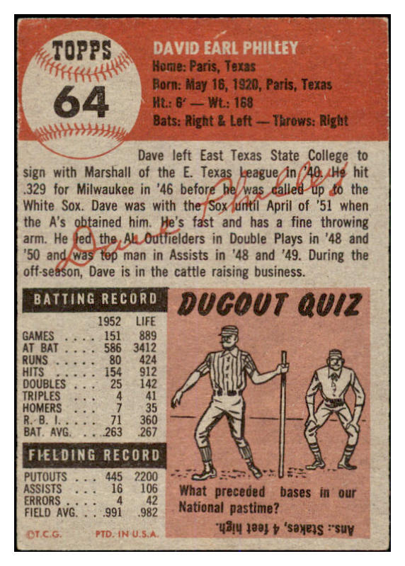 1953 Topps Baseball #064 Dave Philley A's EX 528712