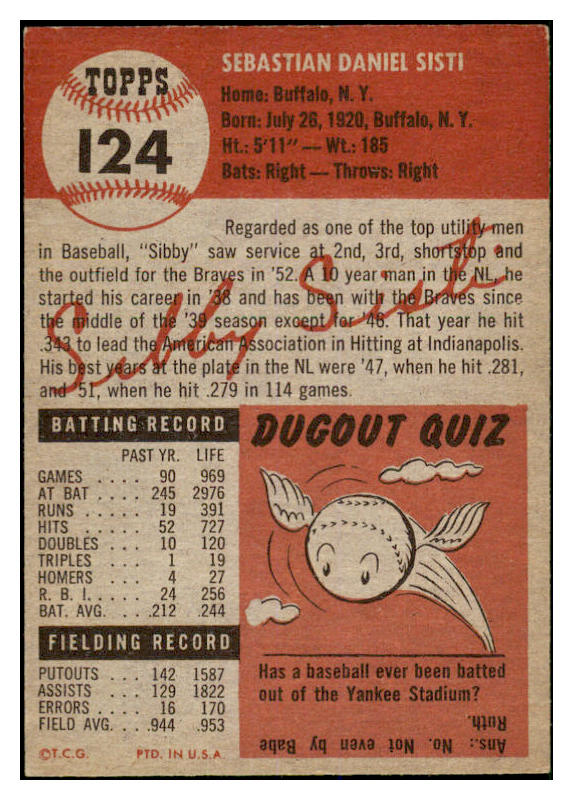 1953 Topps Baseball #124 Sibby Sisti Braves EX 528720