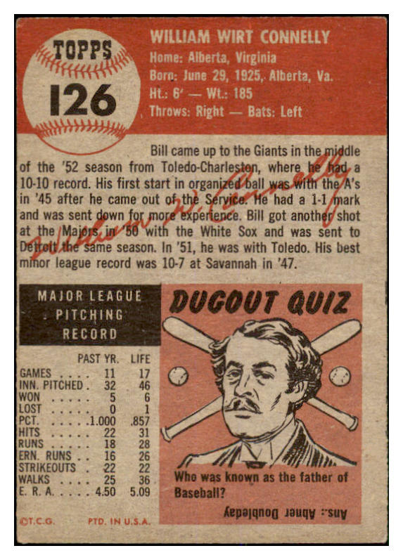 1953 Topps Baseball #126 Bill Connelly Giants EX 528721