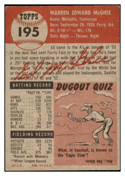 1953 Topps Baseball #195 Ed McGhee A's EX 528726