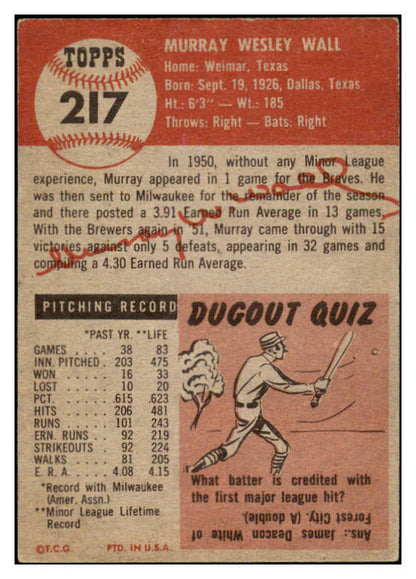 1953 Topps Baseball #217 Murray Wall Braves EX 528728
