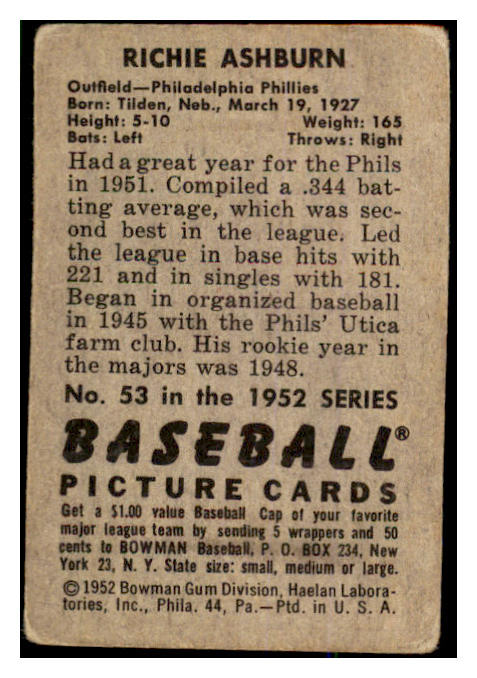 1952 Bowman Baseball #053 Richie Ashburn Phillies GD-VG 528737